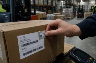Close-up of an engineer's hand affixing an RFID tag to a label on a cardboard box in an active loading dock with forklifts and stacked packages in the background, under cool industrial lighting.