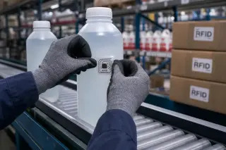 Technician's gloved hands attaching an RFID tag to a liquid product bottle on a conveyor in a warehouse, with shelves and boxes visible in the background under cool lighting.