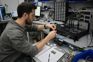 Engineer connecting RFID reader to gateway on cluttered workbench in industrial lab, surrounded by technical hardware and cables under cool fluorescent lighting.