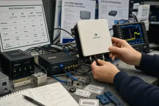 Hands of an engineer adjusting an RFID antenna on a cluttered workbench with readers, frequency charts, and tagged metal parts under soft workshop lighting.