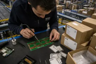 Technician soldering an RFID antenna array on a circuit board at a warehouse workbench, surrounded by shipping boxes with RFID tags and blurred logistics equipment in the background.