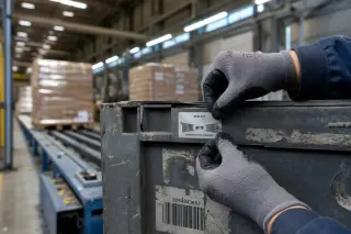 Engineer applying RFID EPC label to industrial crate on warehouse floor, surrounded by pallets and conveyors, with natural and neon lighting.