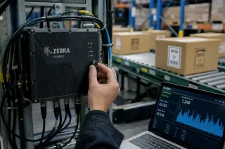 Technician's hands adjusting dial on RFID reader attached to metal frame in a warehouse, RFID-labeled boxes on conveyor belt in background, natural fluorescent lighting