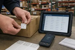 Technician's hands applying an RFID label to a cardboard box in an active warehouse, with NFC scanner and tablet in the background.
