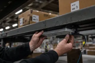 Engineer’s hands adjusting an RFID antenna beneath a conveyor belt in a busy warehouse, labeled boxes moving past, cool industrial lighting.
