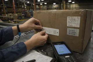 Engineer’s hands attaching an RFID tag to a cardboard box, surrounded by industrial warehouse details, cool lighting, and visible work tools.