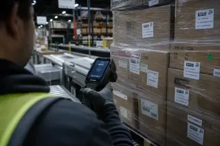 Operator's gloved hands scanning RFID-tagged boxes on a warehouse pallet with a handheld RFID reader, conveyor belts and racks in the blurred background