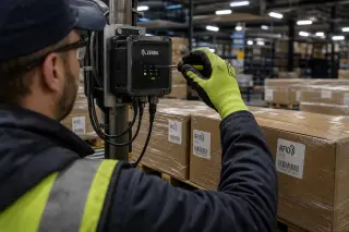 Engineer installing a robust RFID reader on a conveyor in a busy warehouse, with labeled pallets and technical tools visible in cool industrial lighting.