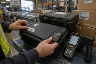 Worker's hands attaching passive and active RFID tags to equipment cases on a cart in a busy warehouse, surrounded by parcels and gear, with practical lighting.